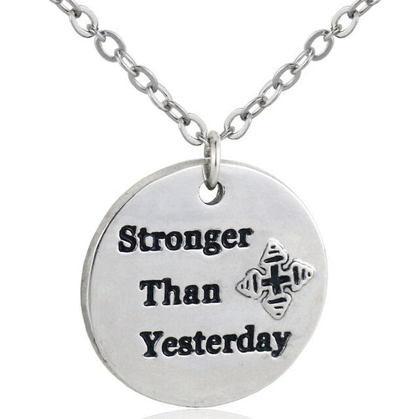 Inspirational Workout Pendant Necklace Fitness Gym Gold Color Stronger Than Yesterday Charm Necklace Women Handmade Jewelry