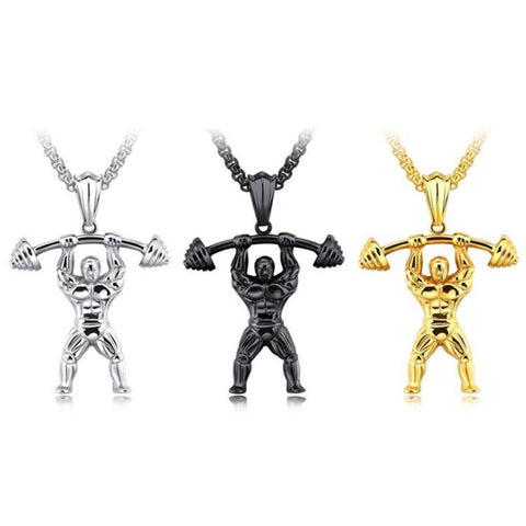 Muscle Man Pendant Necklace Stainless Steel Weight Lifting Fitness Hip Hop Male Necklace Hippie Men Bodybuilding Gym Jewelry