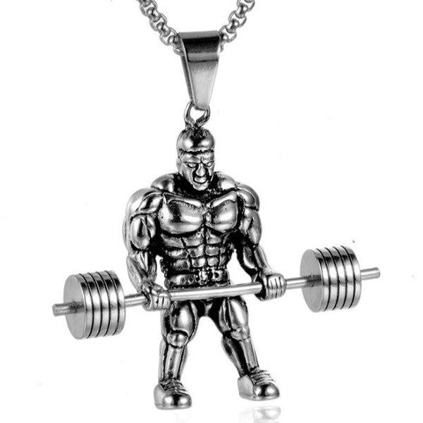 Muscle Man Pendant Necklace Stainless Steel Weight Lifting Fitness Hip Hop Male Necklace Hippie Men Bodybuilding Gym Jewelry