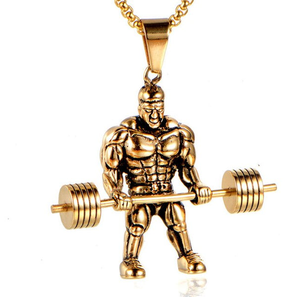 Muscle Man Pendant Necklace Stainless Steel Weight Lifting Fitness Hip Hop Male Necklace Hippie Men Bodybuilding Gym Jewelry