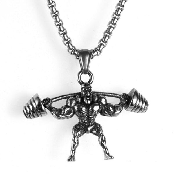 Muscle Man Pendant Necklace Stainless Steel Weight Lifting Fitness Hip Hop Male Necklace Hippie Men Bodybuilding Gym Jewelry