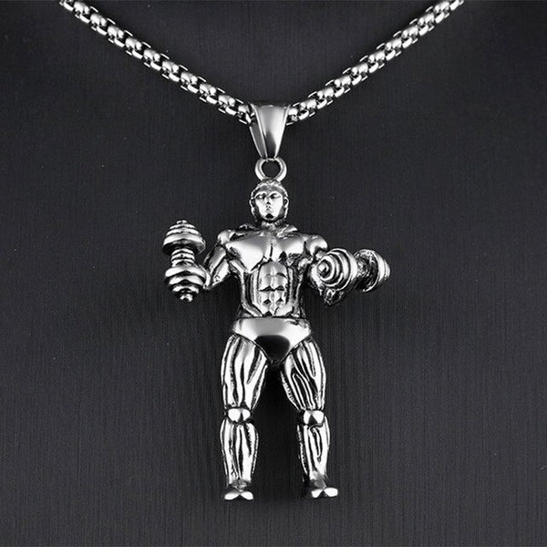 Muscle Man Pendant Necklace Stainless Steel Weight Lifting Fitness Hip Hop Male Necklace Hippie Men Bodybuilding Gym Jewelry