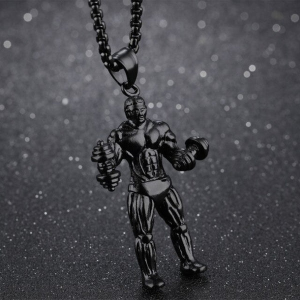 Muscle Man Pendant Necklace Stainless Steel Weight Lifting Fitness Hip Hop Male Necklace Hippie Men Bodybuilding Gym Jewelry