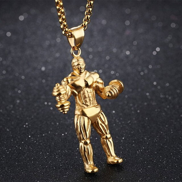 Muscle Man Pendant Necklace Stainless Steel Weight Lifting Fitness Hip Hop Male Necklace Hippie Men Bodybuilding Gym Jewelry