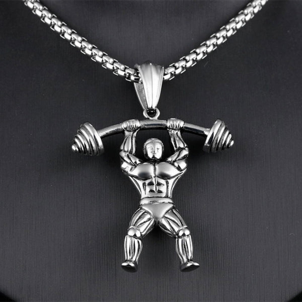 Muscle Man Pendant Necklace Stainless Steel Weight Lifting Fitness Hip Hop Male Necklace Hippie Men Bodybuilding Gym Jewelry