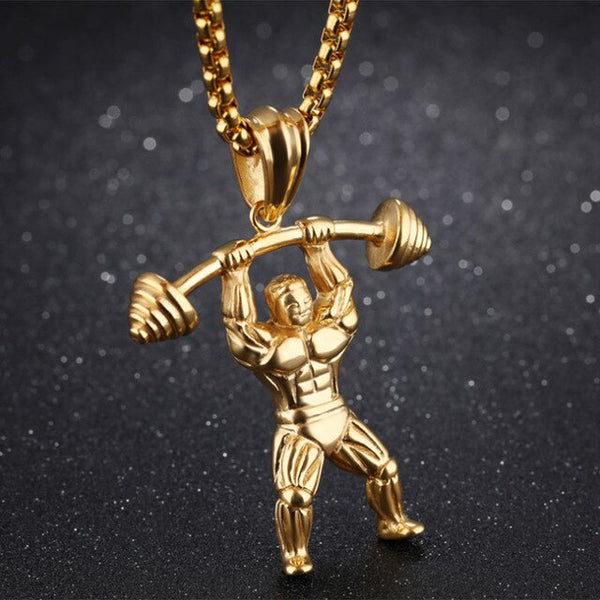 Muscle Man Pendant Necklace Stainless Steel Weight Lifting Fitness Hip Hop Male Necklace Hippie Men Bodybuilding Gym Jewelry