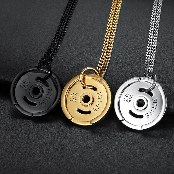 Titanium steel gym life round disc weight plates necklaces men jewelry 316 Stainless Steel dumbell 45lbs fitting life necklaces