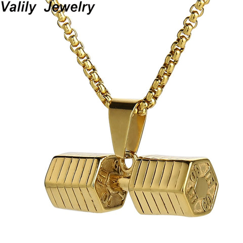 Valily Dumbbell Pendant Fitness Necklace Bodybuilding Gym Crossfit Gold Stainless Steel Barbell Necklace Fitness Jewelry for Men