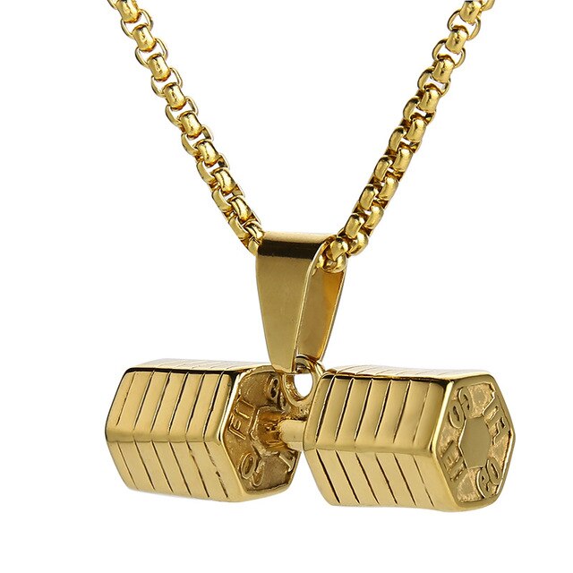 Valily Dumbbell Pendant Fitness Necklace Bodybuilding Gym Crossfit Gold Stainless Steel Barbell Necklace Fitness Jewelry for Men